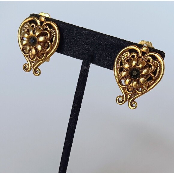 Vintage Unsigned Goldtone Black Rhinestone Lyre Heart Clip On Earrings 1.25 in - Picture 3 of 9